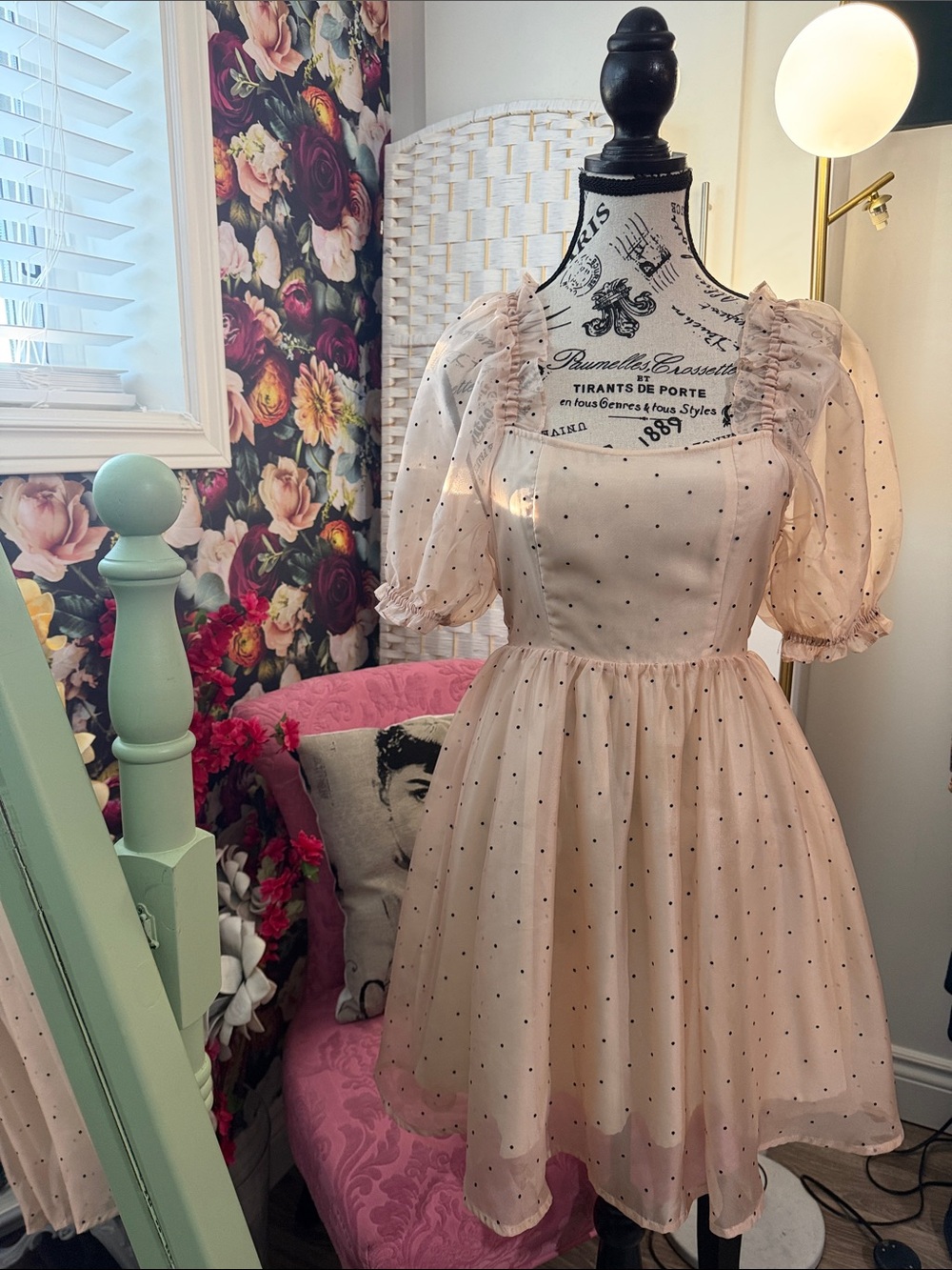 NOR Pale Blush Midi Dress with Black Polka Dots